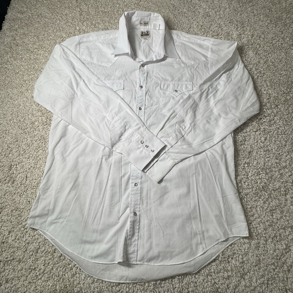 ELY CATTLEMAN Shirt Mens 17 1/2 Tall White 3 Pearl Snap Long Sleeves Ranch